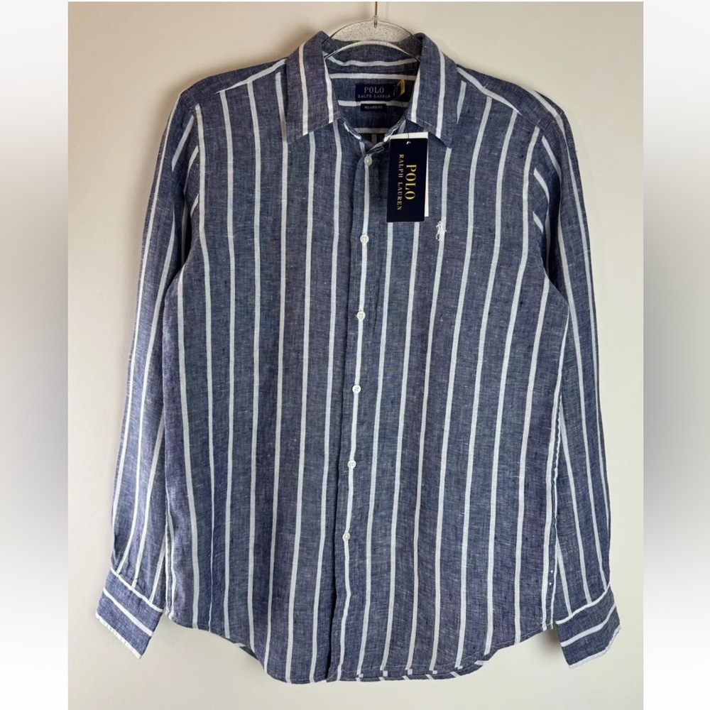 NWT POLO Ralph Lauren Linen Shirt Blue Striped Button Down Pony Women's XS
